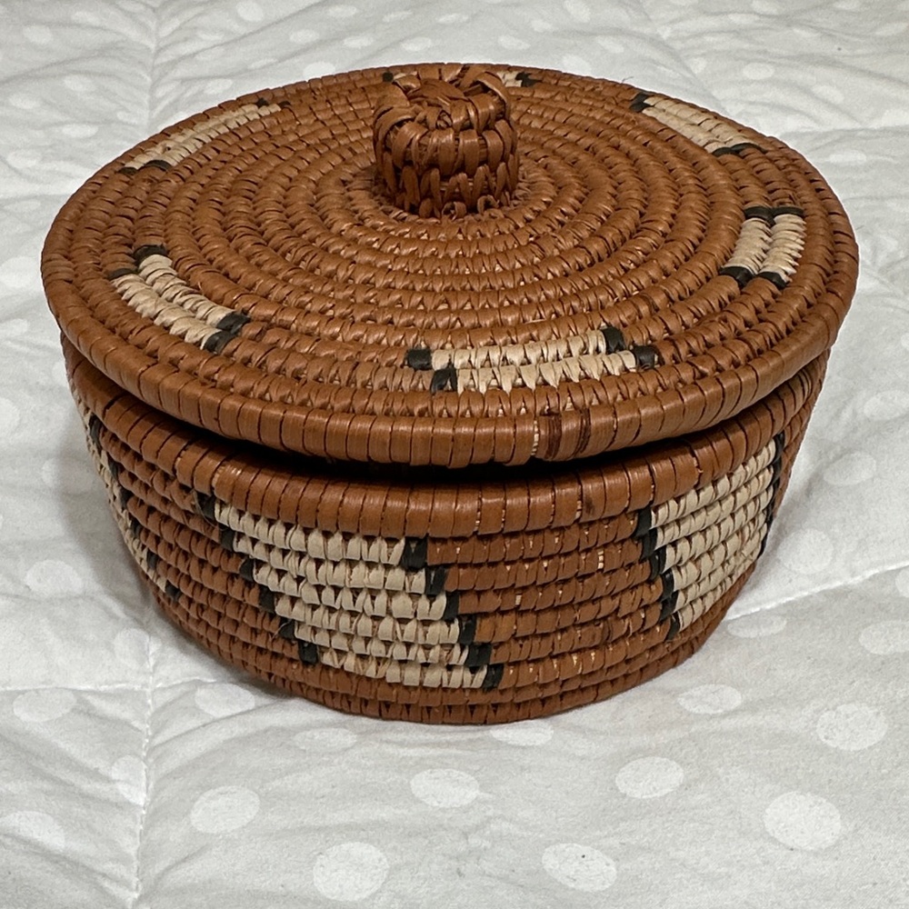 Handwoven Brown and Cream Basket with Lid vintage Native American